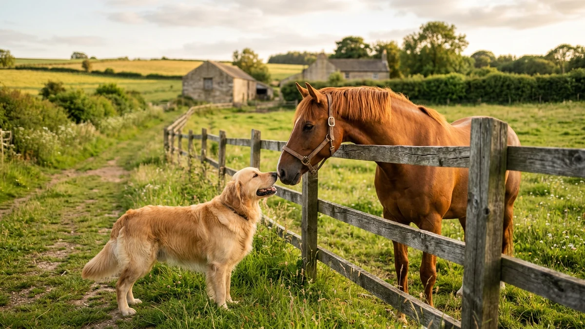 Golden retriever greeting a chestnut horse across a pasture fence at sunset