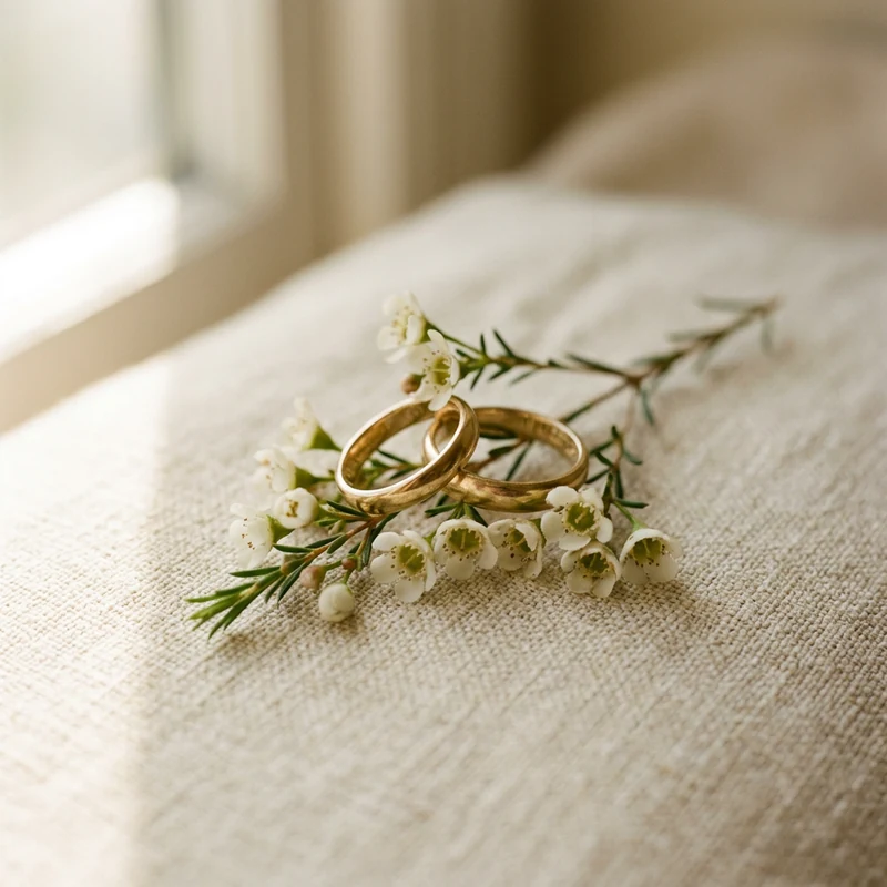 Two simple gold wedding rings resting on delicate white flowers