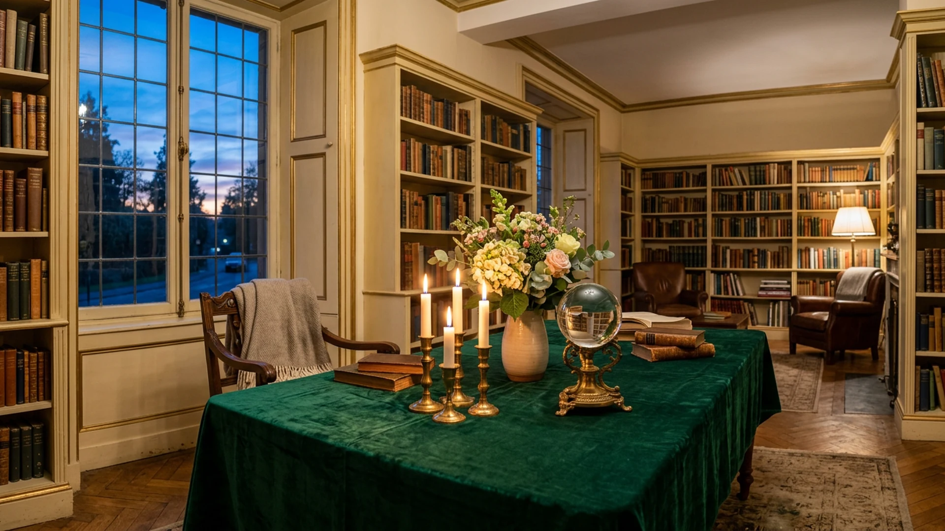 Inviting twilight reading table glowing with candles, flowers, and a crystal ball