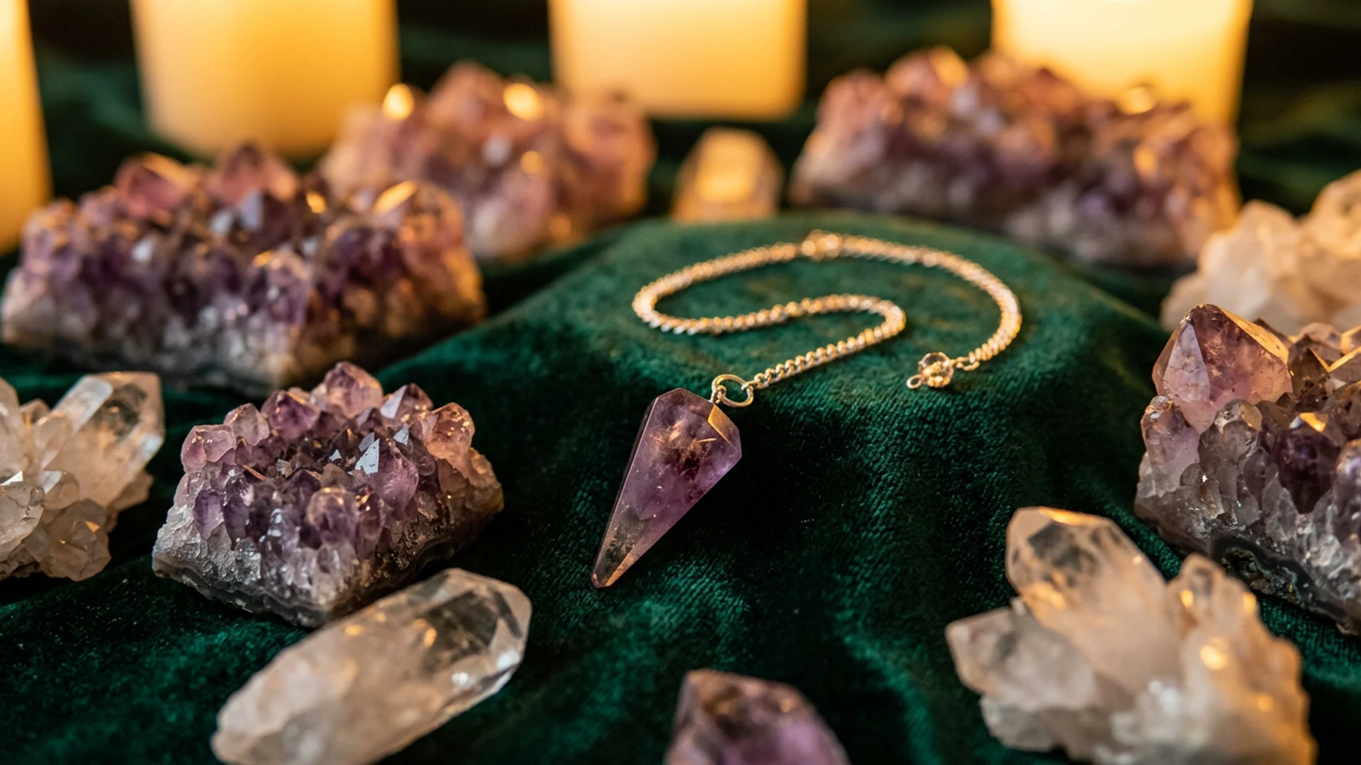 Candlelit crystals and a pendulum chain catching golden light on green cloth