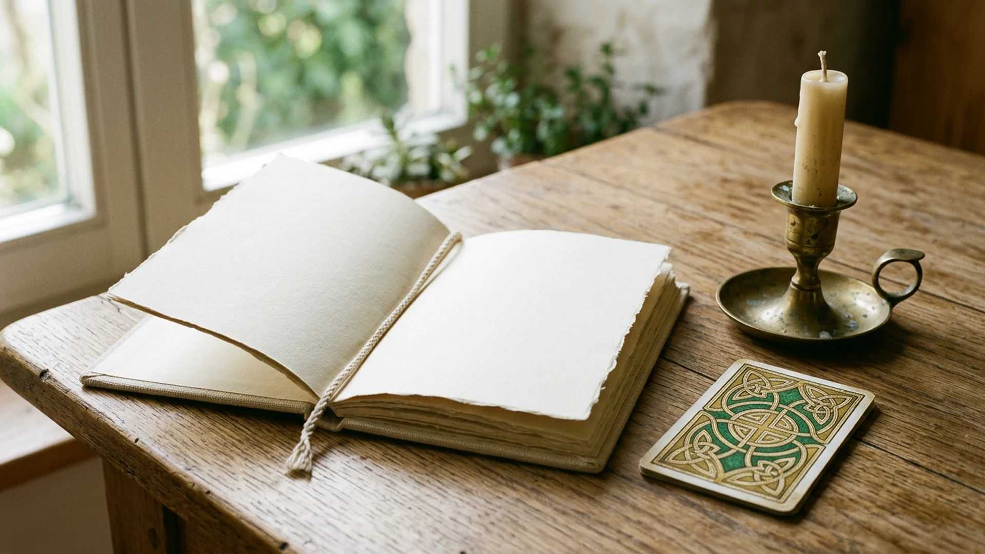 Open linen notebook beside a tarot card back and brass candle holder