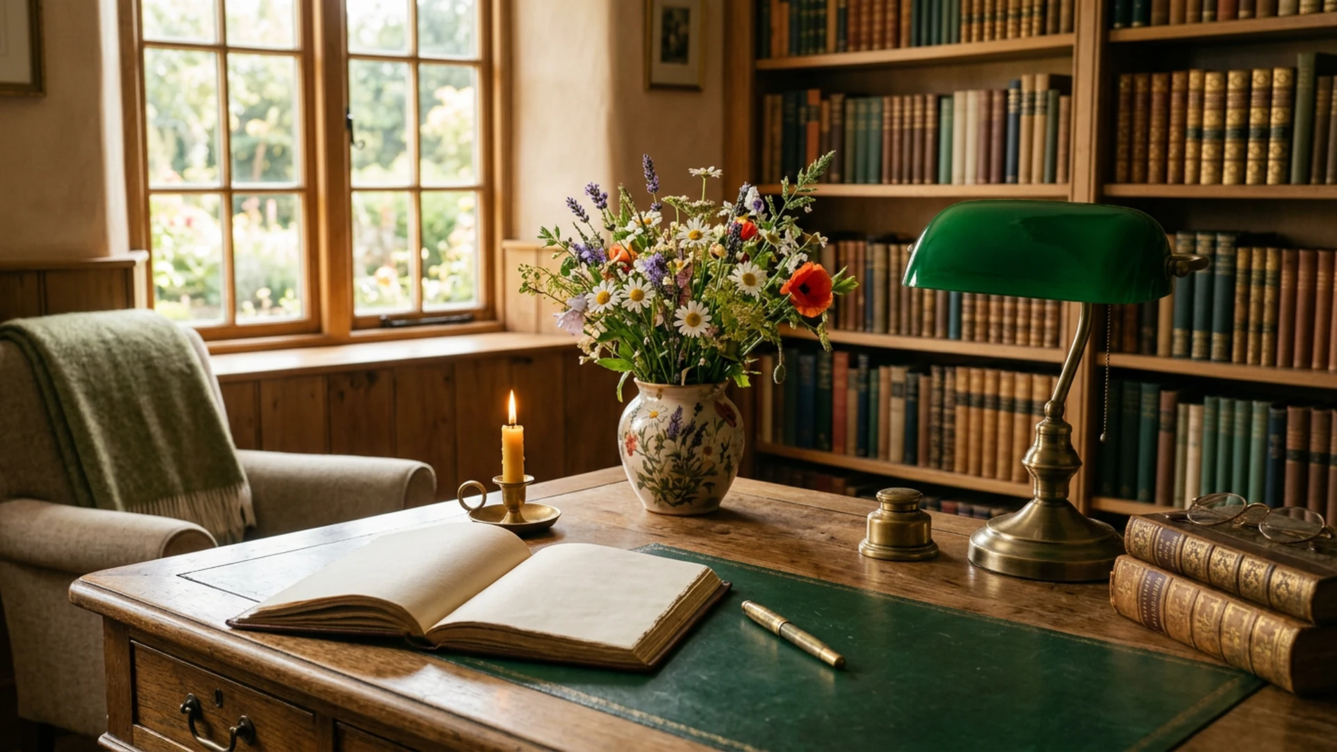 Appointment book, pen, candle, and wildflowers on a warm wooden desk