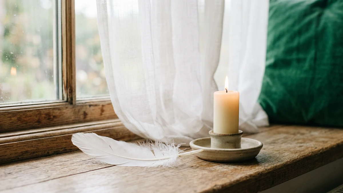 White feather and lit candle on a windowsill in gentle morning light