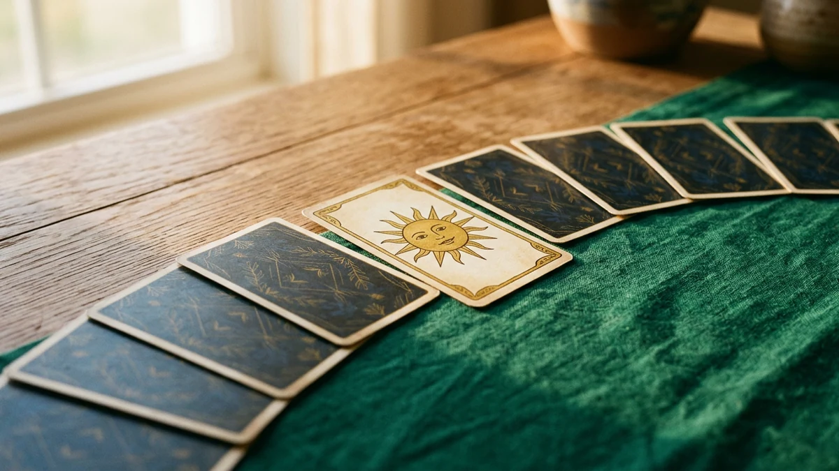 Arc of tarot card backs with one original golden sun card turned face-up