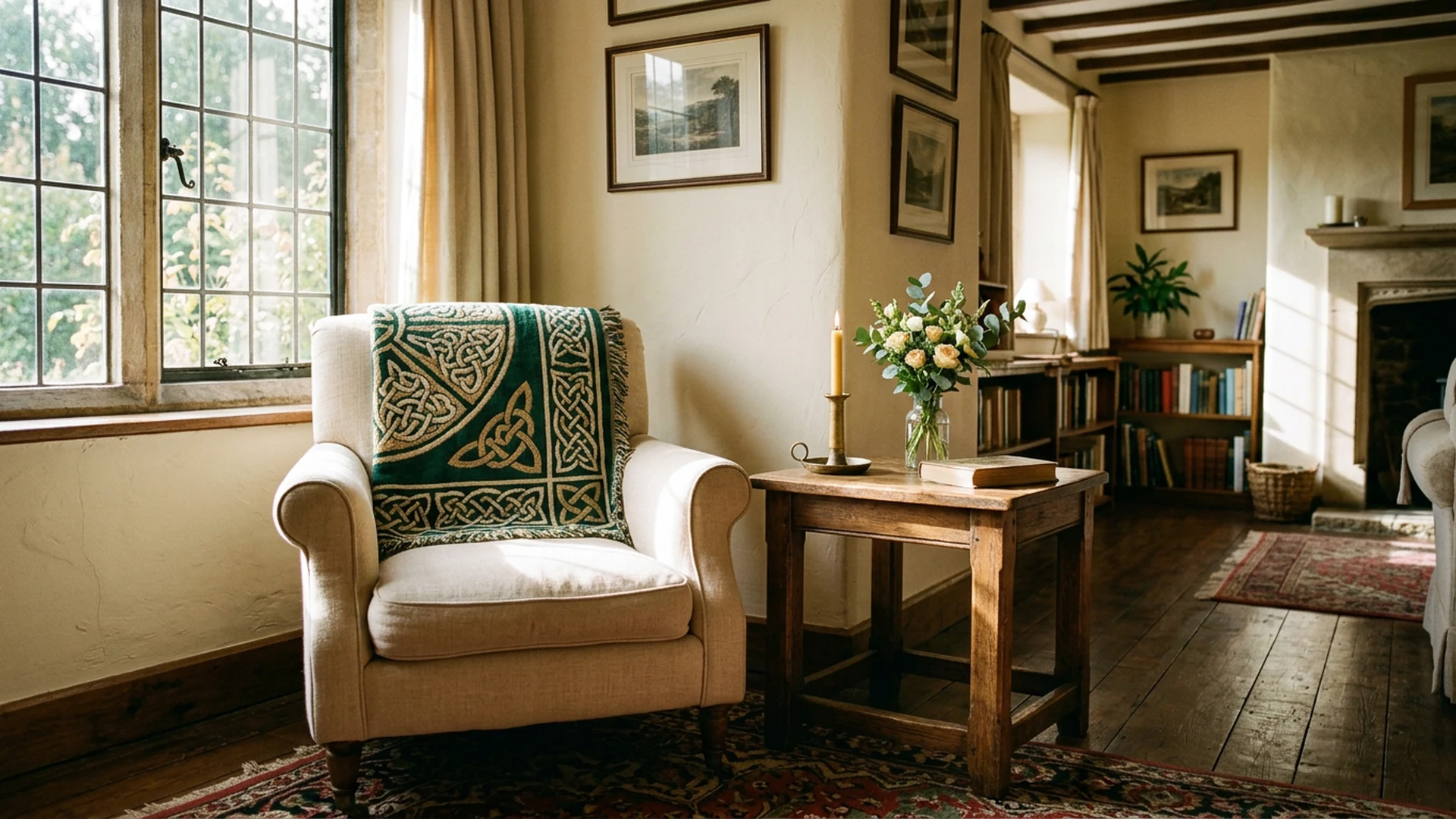 Sunlit reading room with an armchair, flowers, candle, and Celtic-knot throw