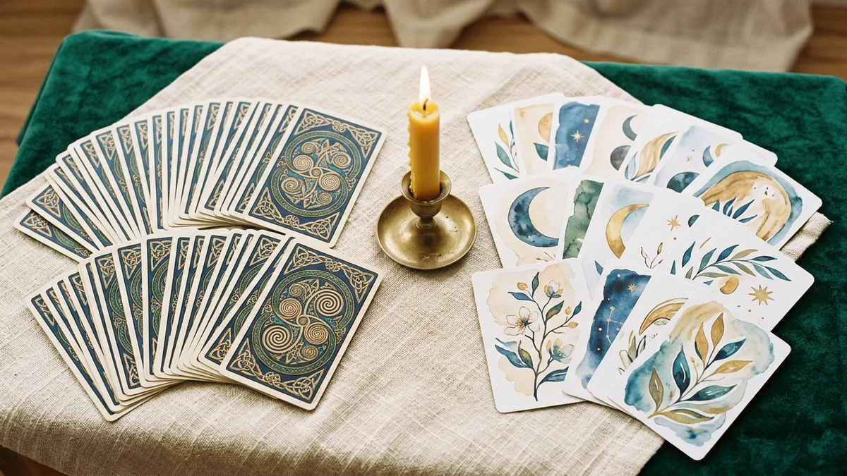 Traditional tarot and botanical oracle decks arranged beside a central candle