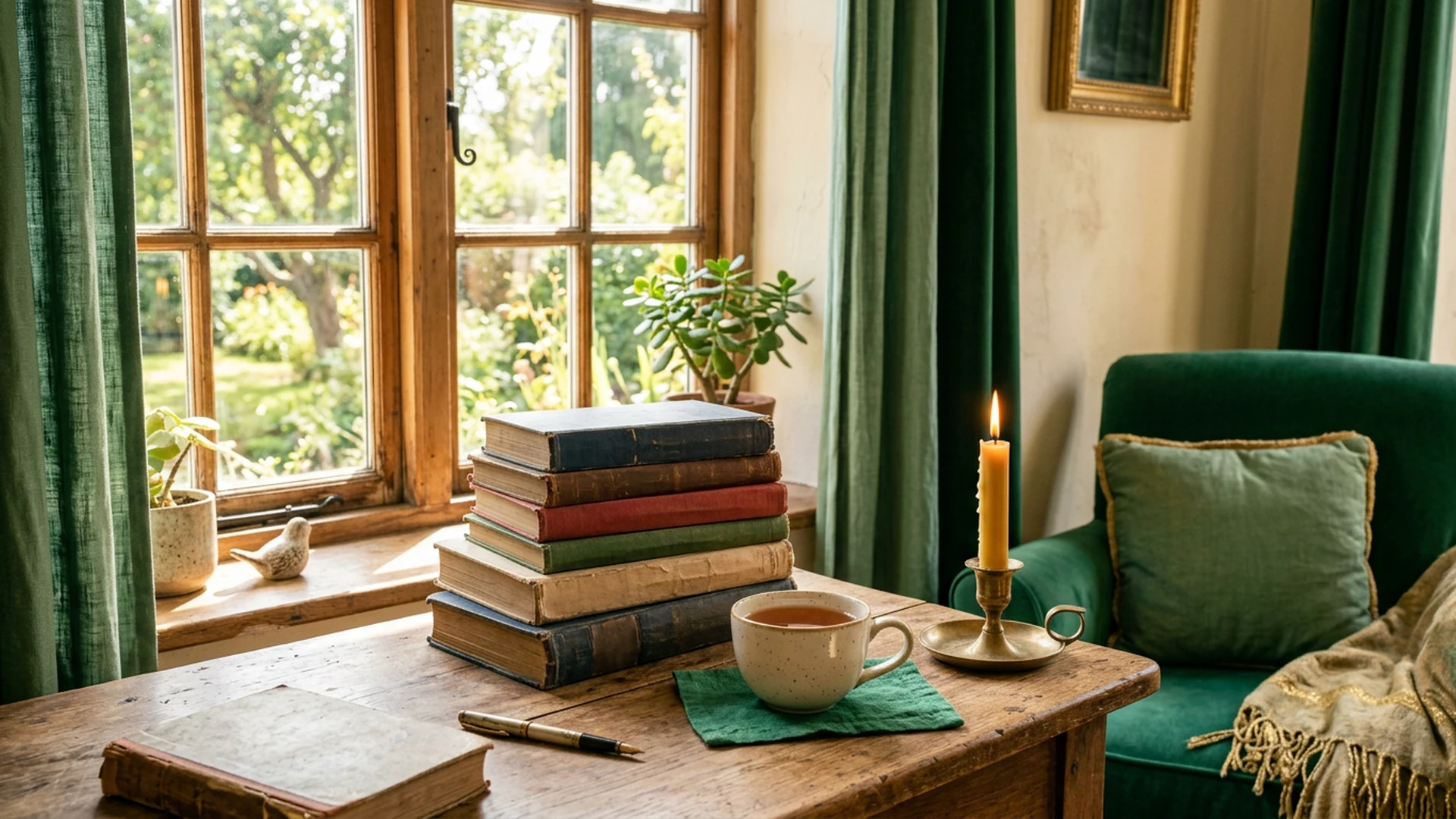 Well-loved spiritual books, tea, and a burning candle beside a bright window