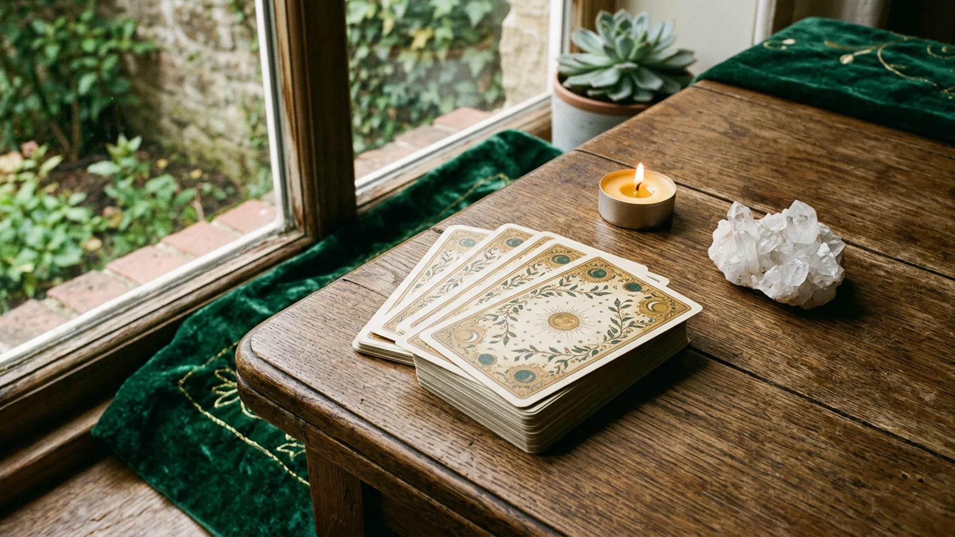 Oracle deck, quartz cluster, and tealight on a wooden table in morning light