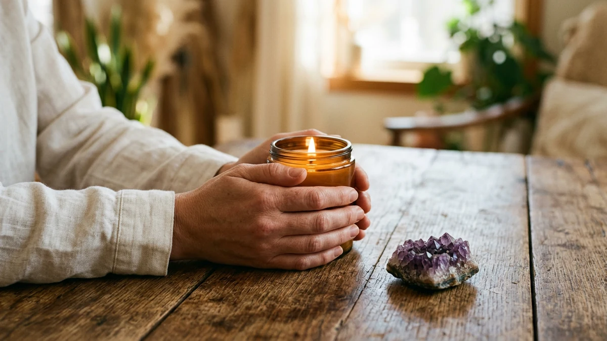 Linen-sleeved hands cupping a warm candle jar beside an amethyst cluster