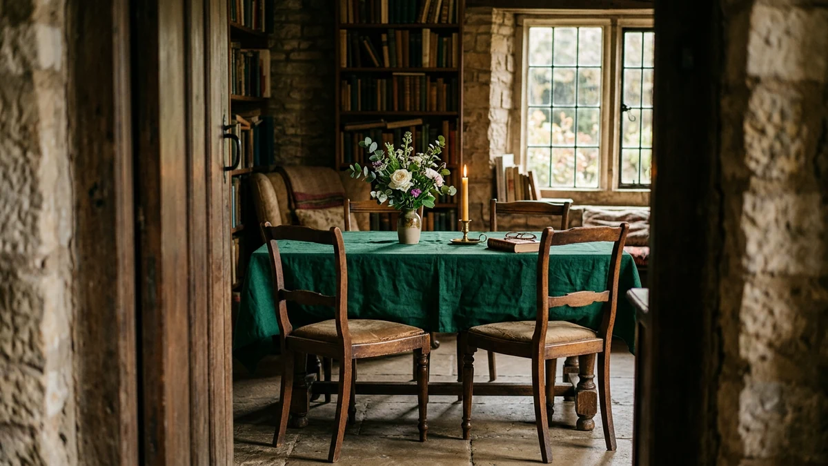 Welcoming candlelit reading table with two empty chairs viewed from the doorway